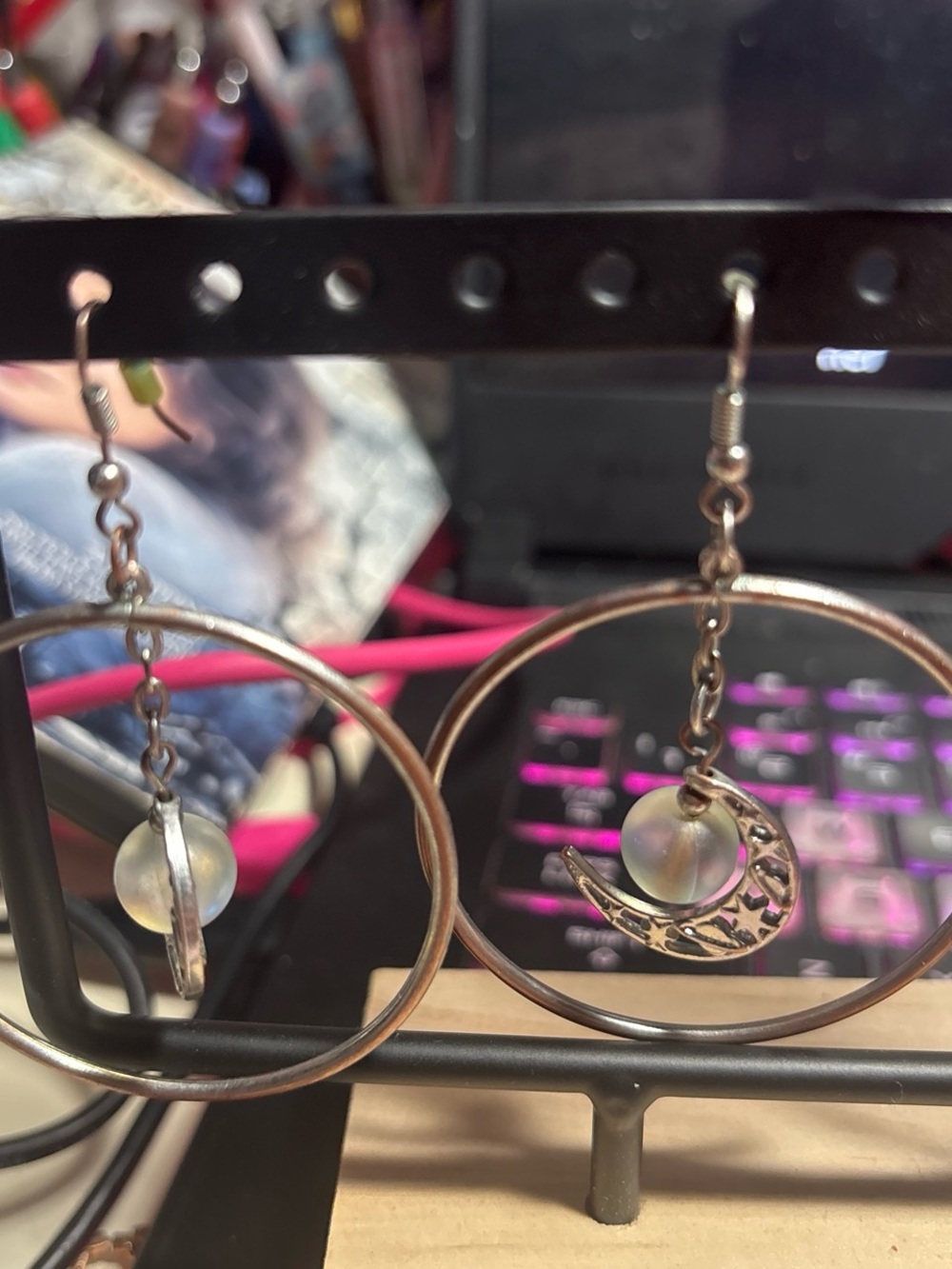 Spencer's Silver-Tone Crescent Moon Hoop Earrings with Iridescent Orbs